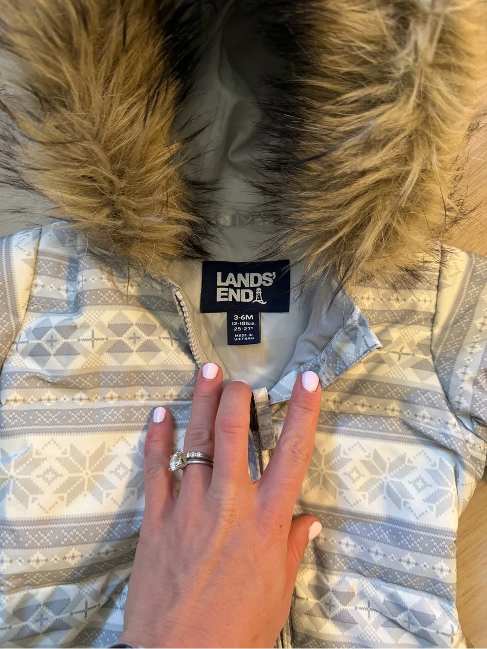 Baby lands end One-Piece with Faux Fur Hood - Light Gray and ivory cream